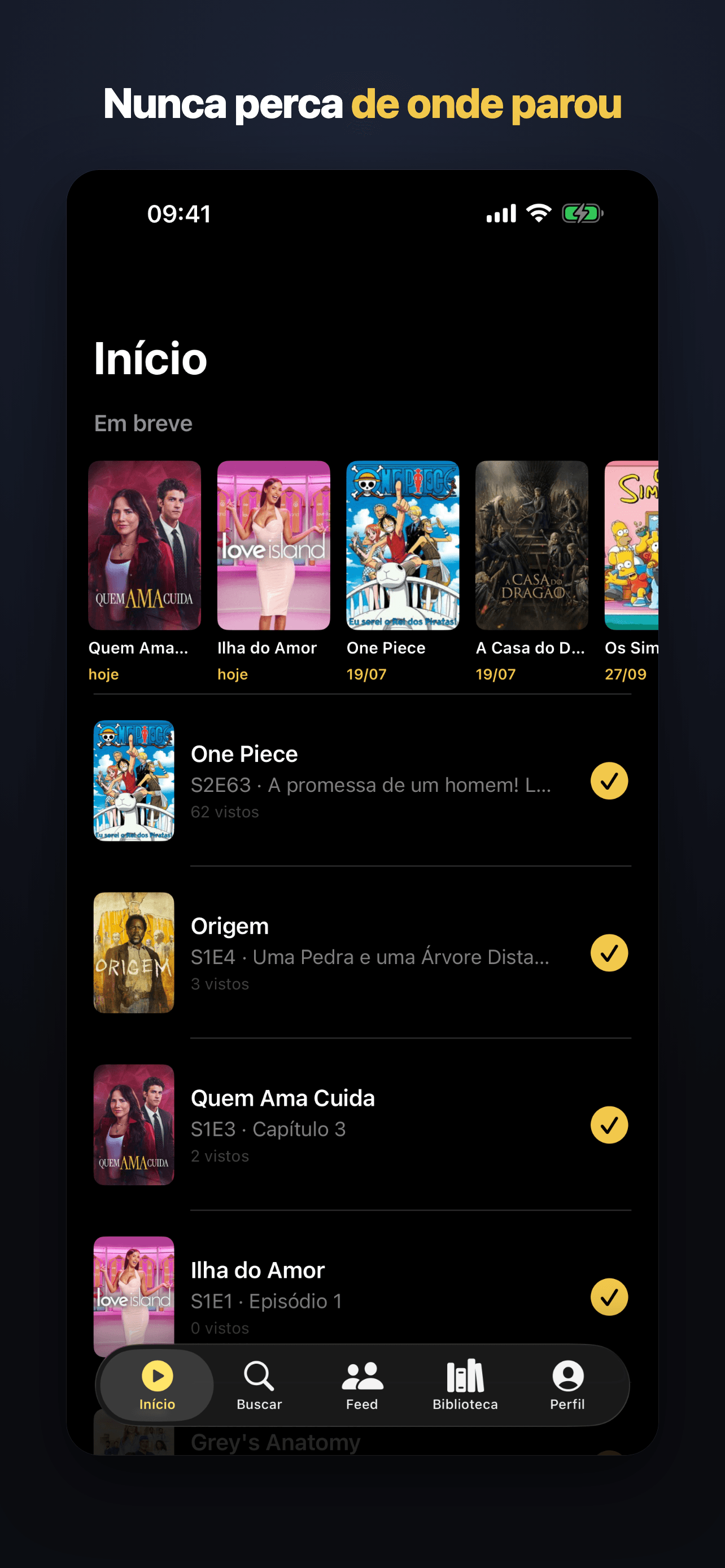 Tela de início do epilogg com o próximo episódio de cada série